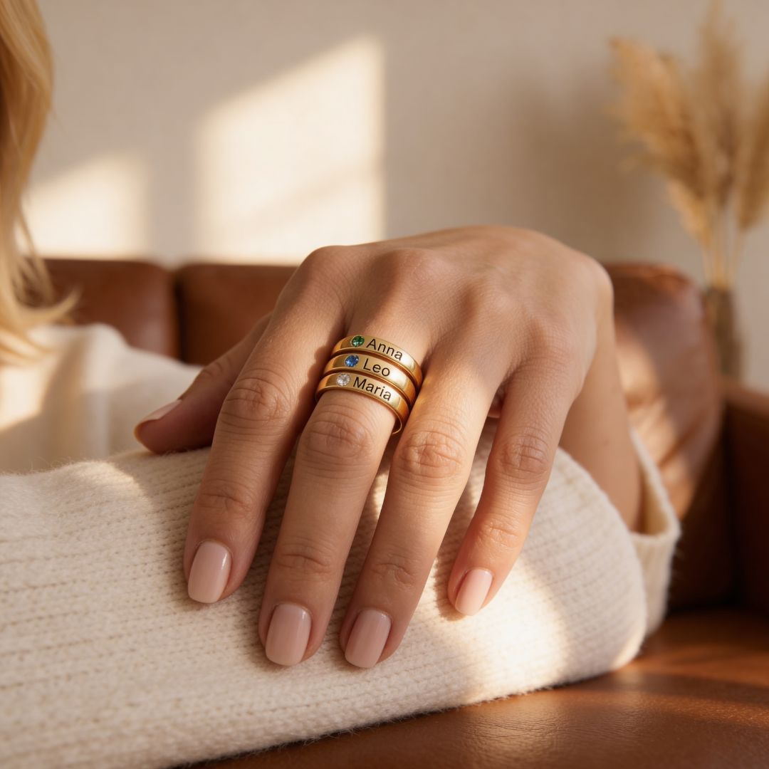 Stackable Engraved Name Rings with Birthstone