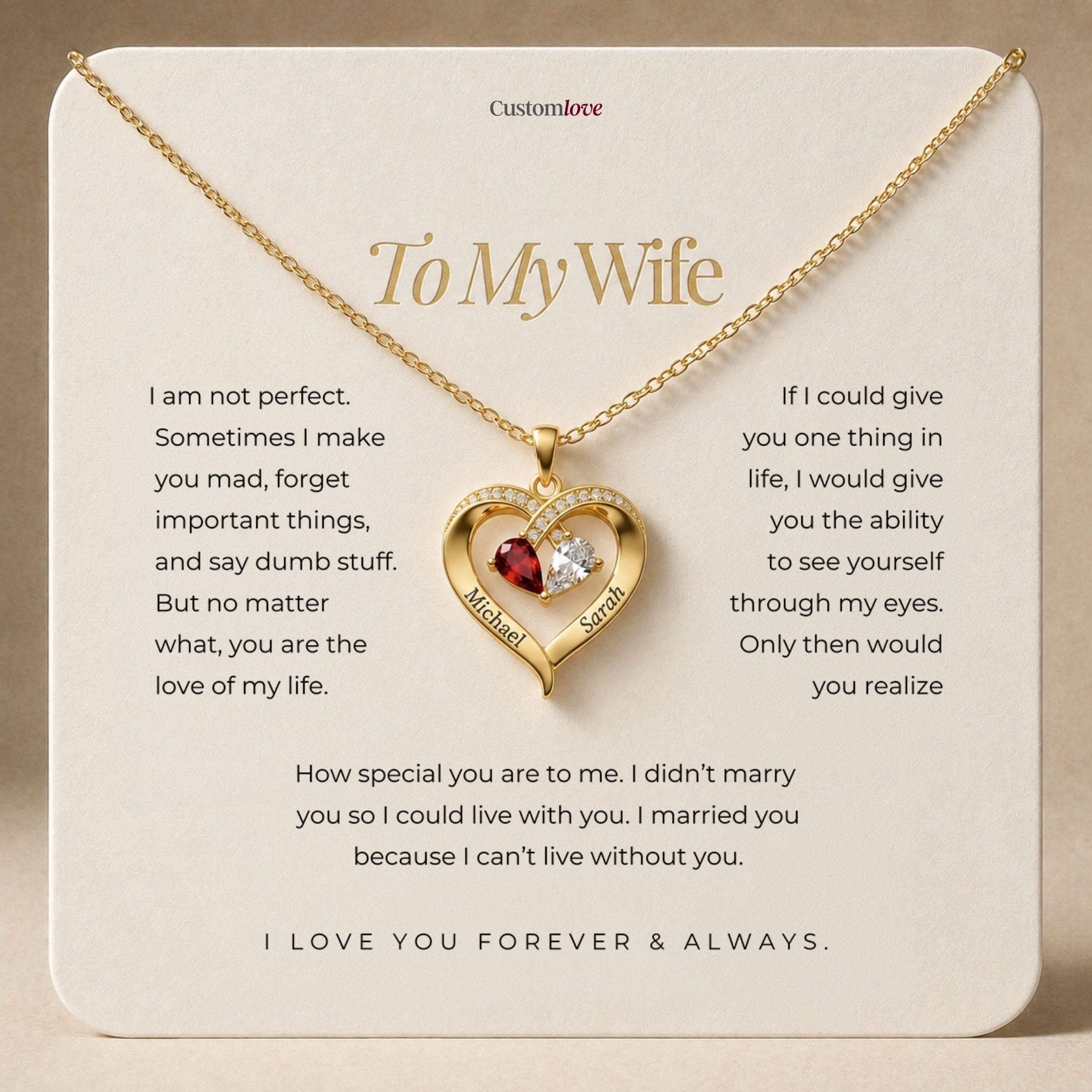 To My Wife - Engraved Heart Necklace With Birthstone
