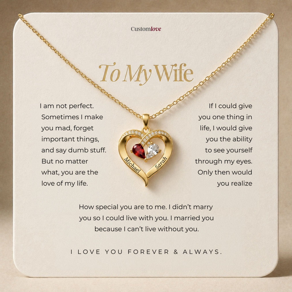 To My Wife - Engraved Heart Necklace With Birthstone