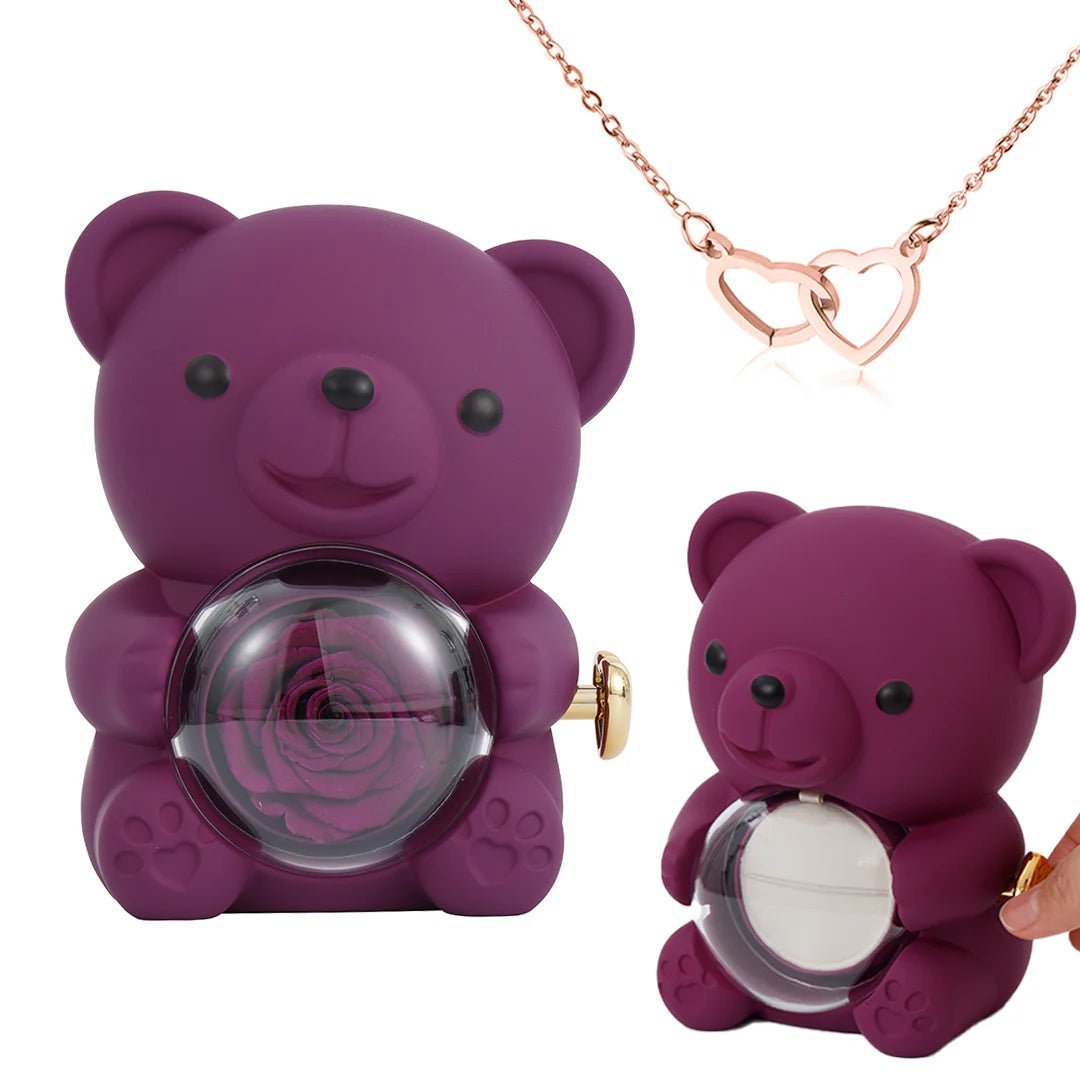 Eternal Rose Bear Gift Box with Engraved Heart Necklace