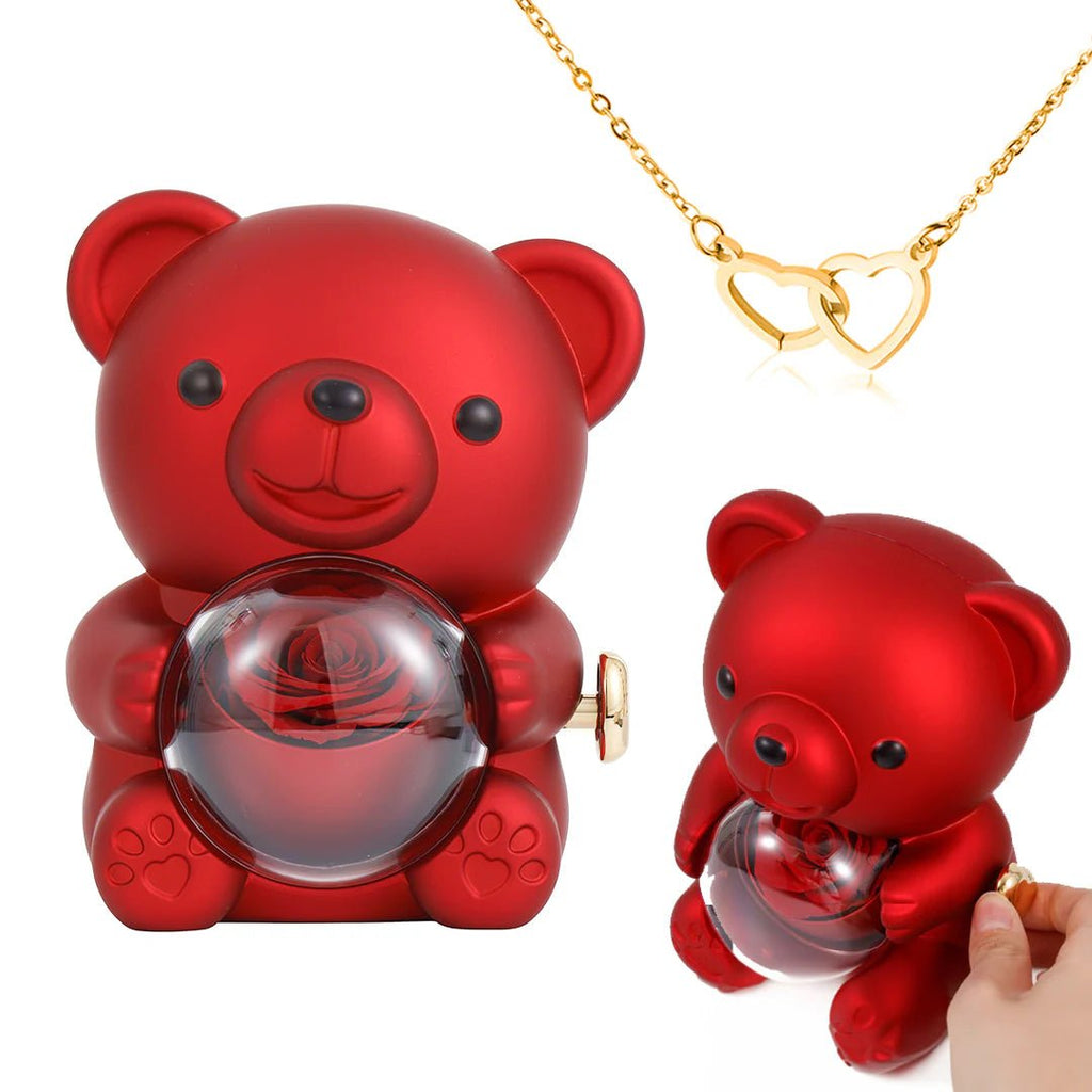 Eternal Rose Bear Gift Box with Engraved Heart Necklace - Free Earrings