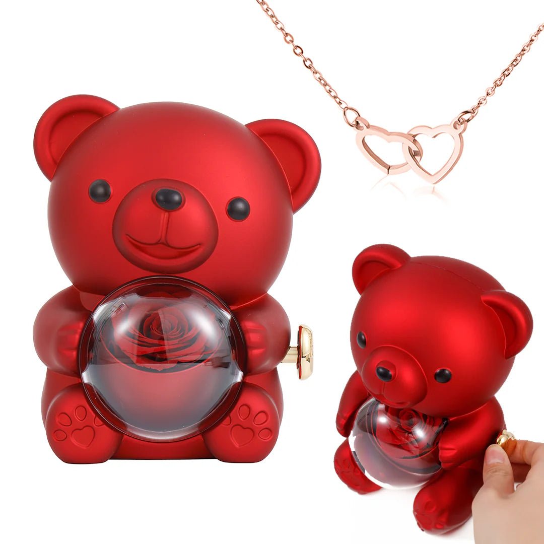Eternal Rose Bear Gift Box with Engraved Heart Necklace