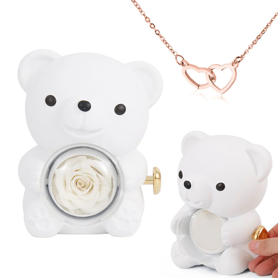 Eternal Rose Bear Gift Box with Engraved Heart Necklace