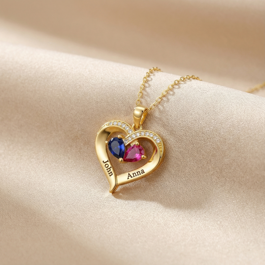 To My Wife - Engraved Heart Necklace With Birthstone