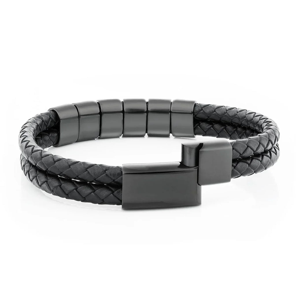 To My Dad - Engraved Black Beaded Leather Bracelet