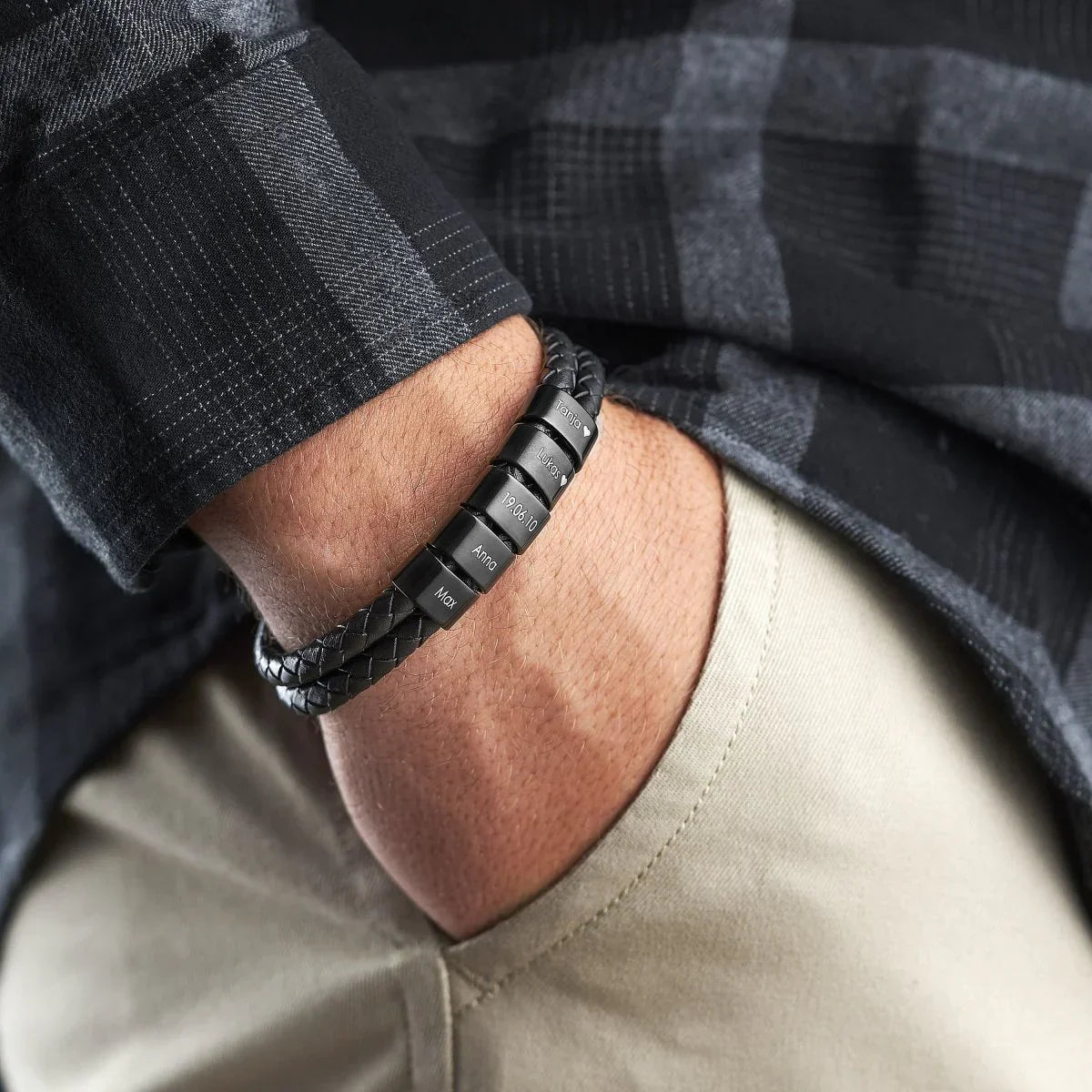 To My Dad - Engraved Black Beaded Leather Bracelet