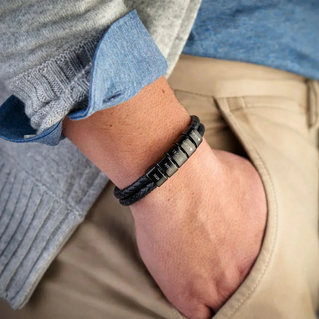 To My Dad - Engraved Black Beaded Leather Bracelet